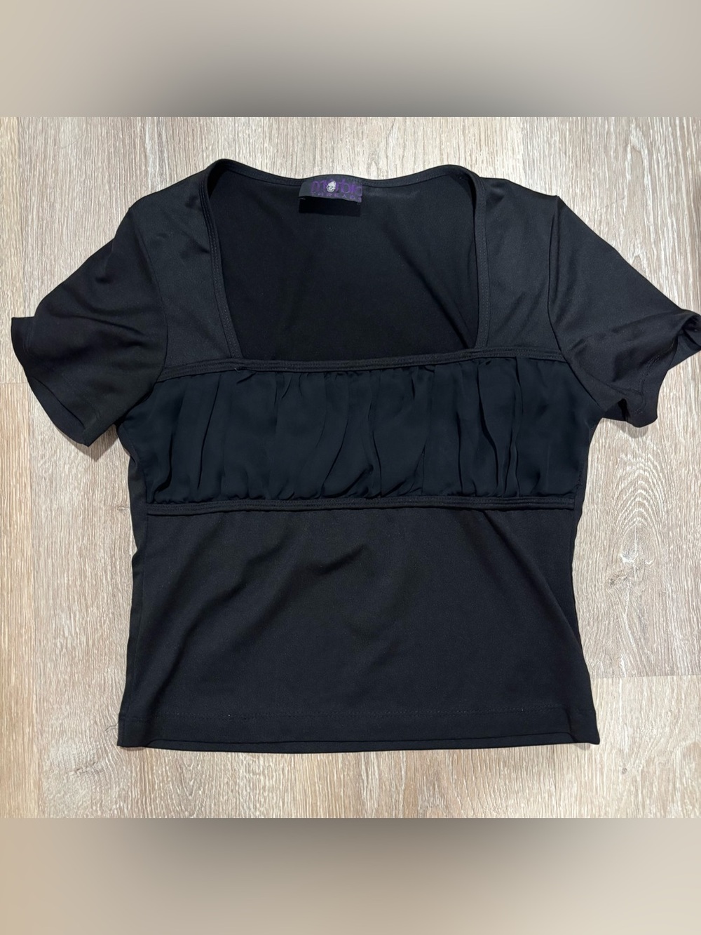 90s goth shirt Black Short-Sleeve Square-Neck Top with Front Pleat Detail